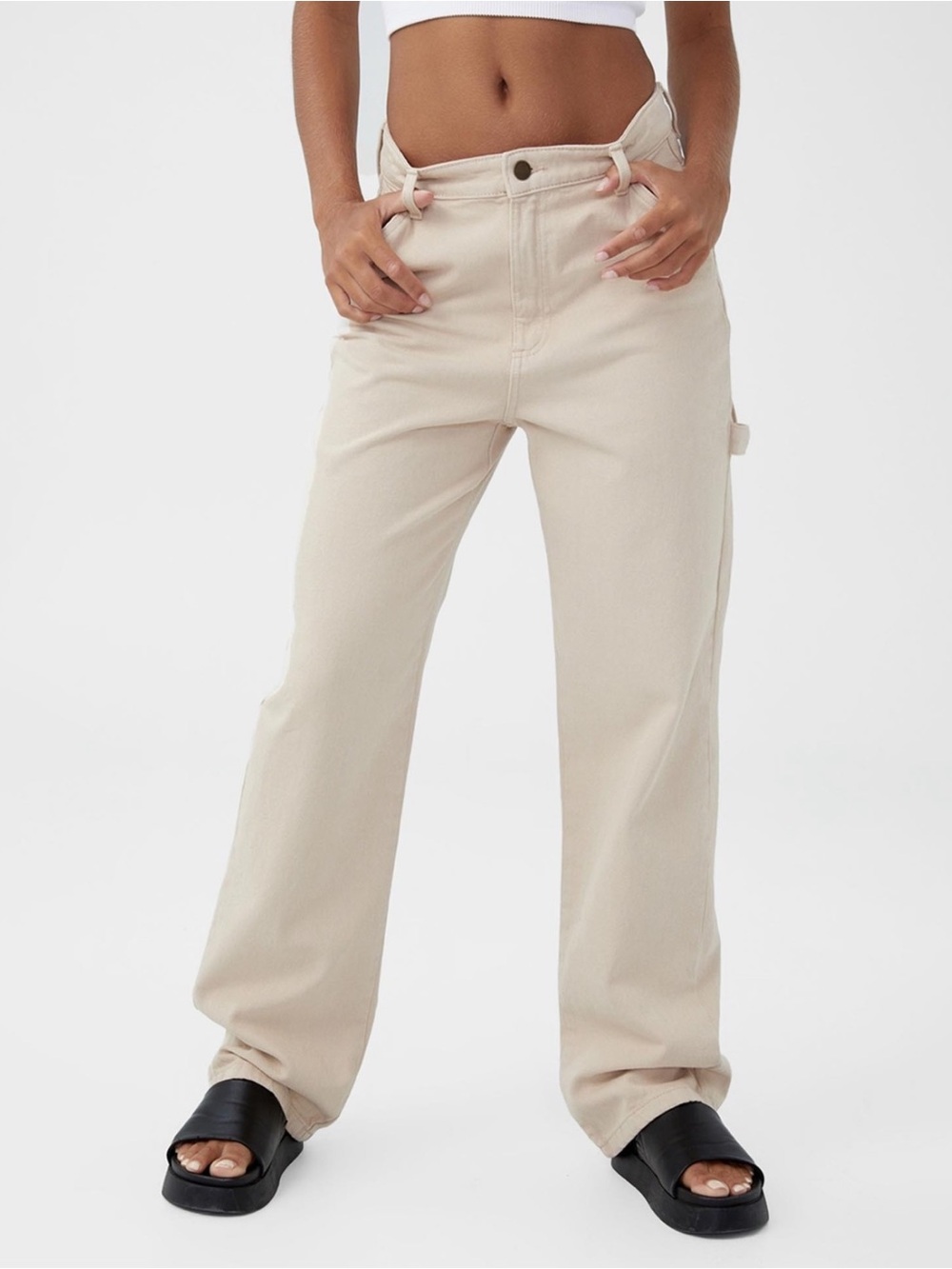 Cotton On Cream Denim High Waisted Straight Leg Carpenter Jeans